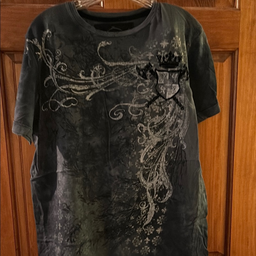 Affliction Black and Gray Short Sleeve Tee with Gothic Scrollwork